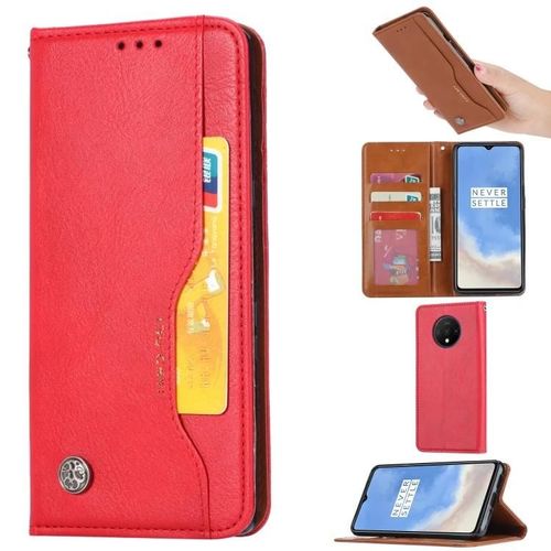 Étui À Rabat En Cuir Oneplus 7t - Pétrir La Texture De La Peau,Cadre Photo,Fentes Pour Cartes,Portefeuille - Rouge