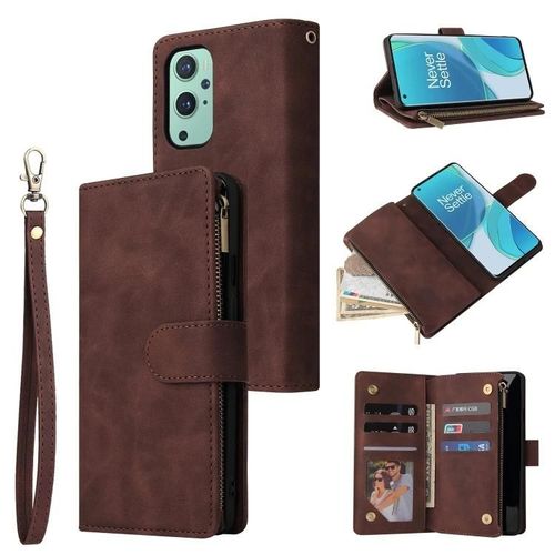 Coque De Téléphone En Cuir Oneplus 9 - Portefeuille Multifonctionnel Givré À Fermeture Éclair Café