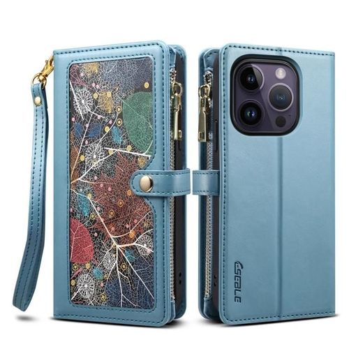 Étui Portefeuille Iphone 14 Pro - Cuir Rfid,Fermeture Éclair,Lanière - Sunsky Blue Blue