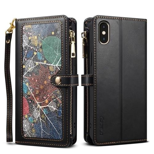 Étui Portefeuille Iphone Xr - Cuir Rfid,Lanière Et Fermeture Éclair - Sunsky Noir Noir