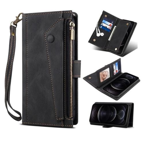 Étui En Cuir Samsung Galaxy Note20 - Retro Flip,Fente Pour Carte,Poche Zippée,Cordon,Noir Noir