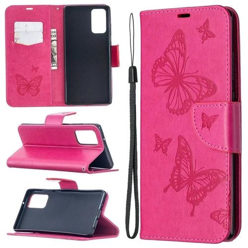 Samsung Galaxy Note20 Pu Étui En Cuir - Papillons En Relief,Portefeuille Et Lanière,Rose Rouge Rose Rouge