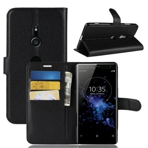 Étui Portefeuille En Cuir Pour Sony Xperia Xz3 - Texture Litchi,Emplacements Pour Cartes,Support,Noir Noir