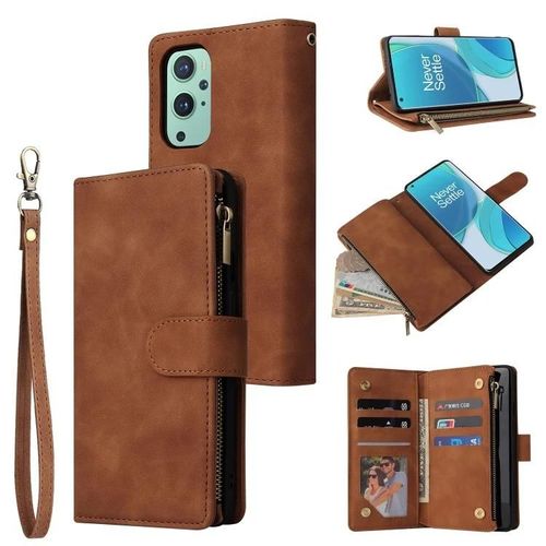 Étui Portefeuille En Cuir Oneplus 9 - Fermeture Éclair Givrée Multifonctionnelle,Marron Marron