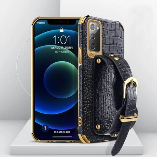 Coque Samsung Galaxy Note20 - Cuir De Crocodile Tpu Galvanisé Avec Dragonne Noir