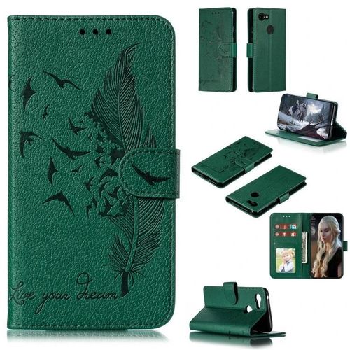 Étui En Cuir Google Pixel 3 - Motif Plume,Fentes Pour Portefeuille Et Cartes,Vert Vert