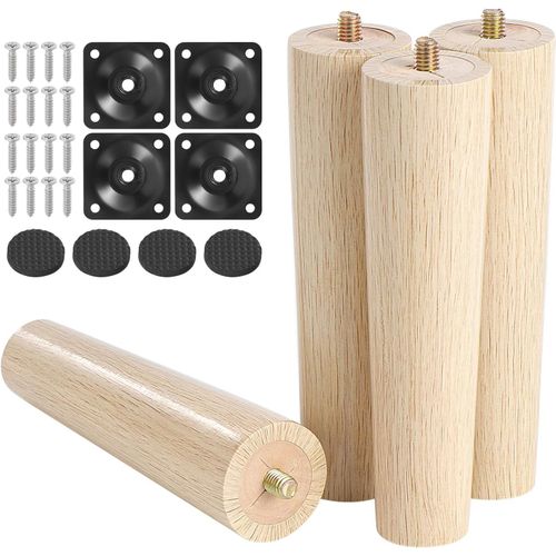 Wagner-Lot De 4 Pieds De Meubles En Bois De Hêtre Massif De 15cm,Pieds De Canapé,Table Et Commode Avec Vis,Plaque De Montage Et Protection Antidérapante(Grain D'arbre)