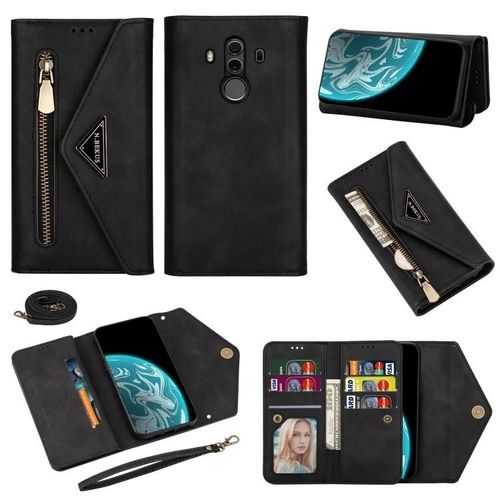 Etui En Cuir Pour Huawei Mate 10 Pro - Fermeture Éclair À Rabat,Fentes Pour Cartes,Lanière Noire