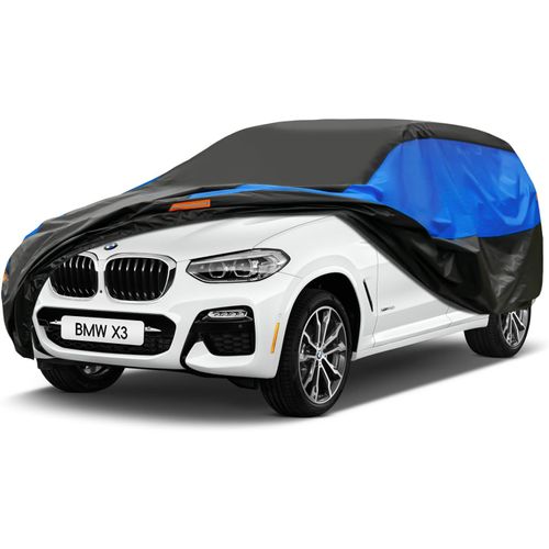 Trahoo-Bache Voiture Exterieur Respirante Et ¿¿Tanche Pour Tous Temps, Housse Voiture Protection Anti-Uv Contre, La Poussi¿¿Re, La Pluie, Universelle Pour Suv Jeep 4x4 (460-485 Cm) Yl Noir Et Bleu