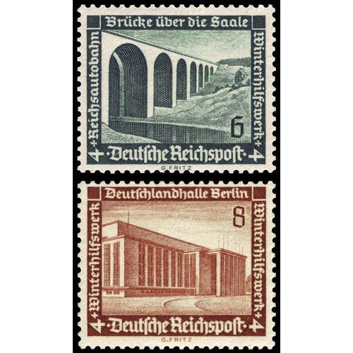 Allemagne, 3ème Reich 1936, Beaux Timbres Neufs** / * Yvert 585 Et 586, Au Profit Du Secours D'Hiver, Pont Sur La Saale Et La Deutschlandhalle De Berlin.
