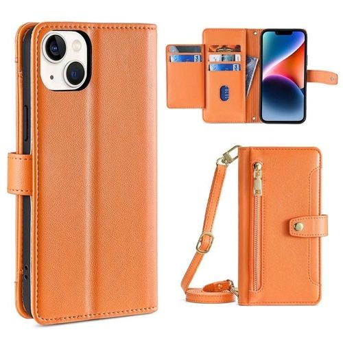 Étui Portefeuille En Cuir Pour Iphone 14 Plus - Texture Mouton,Fermeture Éclair En Bandoulière,Orange Orange