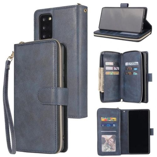 Étui Portefeuille Zippé Pour Samsung Galaxy Note20 Ultra - Cuir Pu,9 Emplacements Pour Cartes,Lanière,Cadre Photo,Bleu Bleu