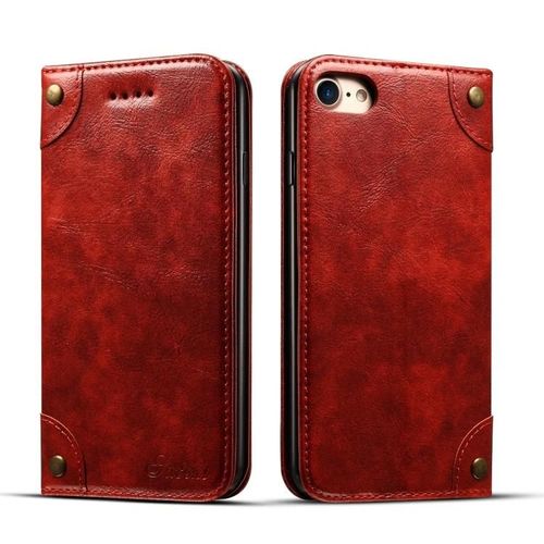 Étui Portefeuille En Cuir Pour Iphone Se 2022/2020/8/7 - Baroque Flip Avec Emplacements Pour Cartes (Noir Et Rouge) Rouge