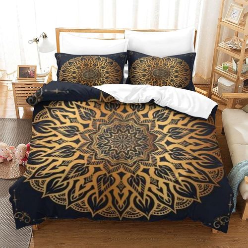 Imprim¨¦ Mandala Noir Et Or 3d Imprim¨¦ Mandala Or Noir Bomiassi Housse De Couette Housse De Couette Ensemble De Literie Pour Enfants Et Adultes 3 Pieces Microfibre Avec Taies D'