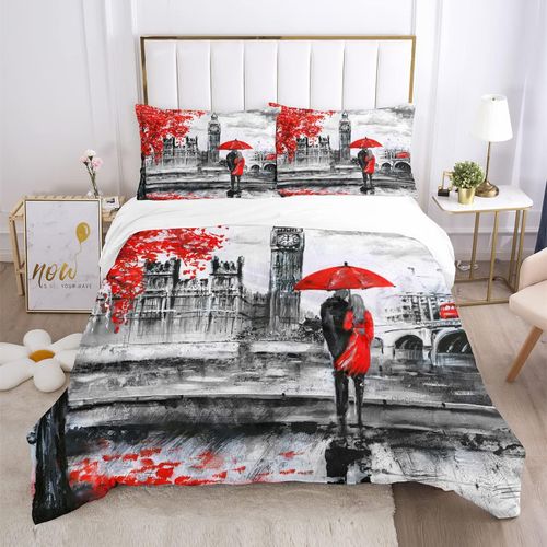 Parure De Lit King Size Pour Chambre ¨¤ Coucher, Gris, France Street Lovers, Imprim¨¦, Housse De Couette, Motif Parapluie, Fleurs Rouges, Filles, Femmes, Adolescentes, Housse De Coue