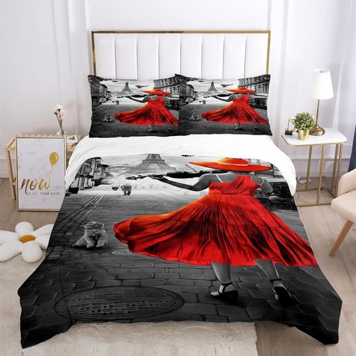 Parure De Lit Avec Housse De Couette Et Taies D'oreiller - Robe Rouge - Taille Queen - Fenace Street - Tour Eiffel - Motif Imprim¨¦ Chat - Pour Filles, Femmes Et Adolescentes