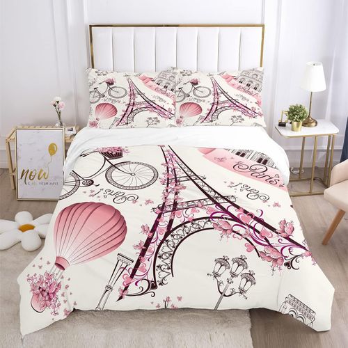 Parure De Lit Avec Housse De Couette Et Taies D'oreiller - Rose Montgolfi¨¨Re - Fleurs - Tour Eiffel - Motif Imprim¨¦ V¨¦Lo - Parure De Lit Pleine Taille Pour Filles Et Femmes