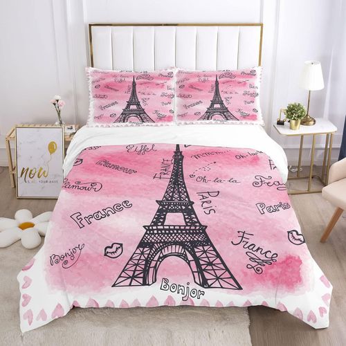Parure De Lit Avec Housse De Couette Et Taies D'oreiller - Peinture Blanche Et Rose - Pour Filles Et Femmes - Noir - France - Tour Eiffel - Parure De Lit King Size - Paires De Le
