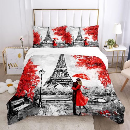 Parure De Lit Romantique Avec Housse De Couette Et Taies D'oreiller Pour Chambre ¨¤ Coucher Avec Taies D'oreiller, Motif Tour Eiffel, Queen Size, Paysage De Campagne, Pour Femme