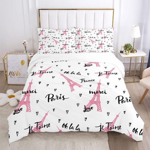 Parure De Lit Avec Housse De Couette Et Taies D'oreiller - Rose France - Tour Eiffel - Pour Filles - Taille Queen - Noir - Parure De Lit Avec Housse De Couette - D¨¦Coration De Ch