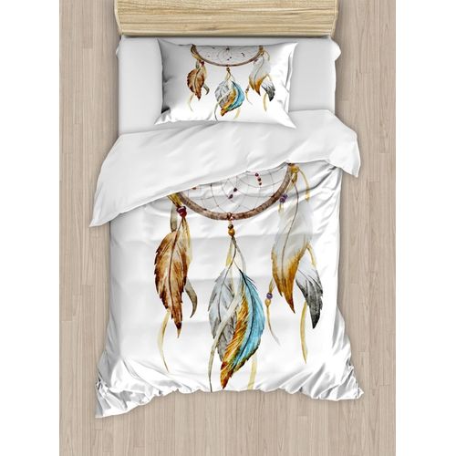 Parure De Lit En Plumes, Style Aquarelle, Éléments Attrape-Rêves, Parure De Lit Avec Housses De Couette Et Taies D'oreiller, Lot De , King Size, Marron, Bleu, Gris