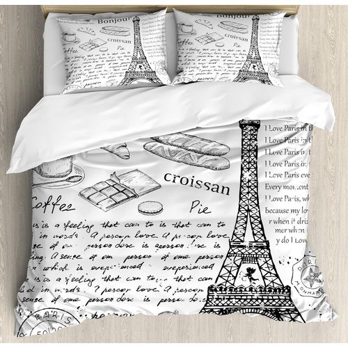 Parure De Lit Paris, Éléments Parisiens Traditionnels Célèbres, Bonjour Croissan, Café, Imprimé Tour Eiffel, Parure De Lit Décorative Adc Avec Taies D'oreiller, King Size, Blanc