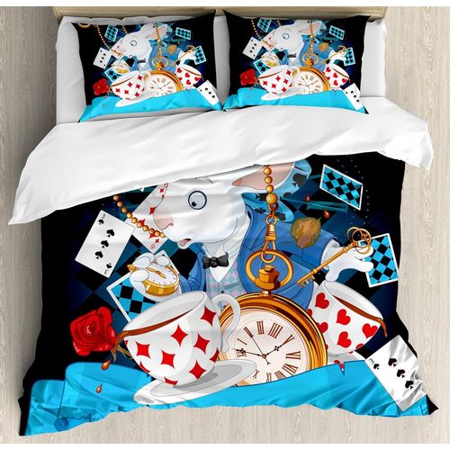 Alice Au Pays Des Merveilles Parure De Lit Avec Taies D'oreiller, Motif Lapin, C?Urs Et Fleurs, Personnage Alice Au Pays Des Merveilles, Style Dessin Animé, Parure De Lit Décorat