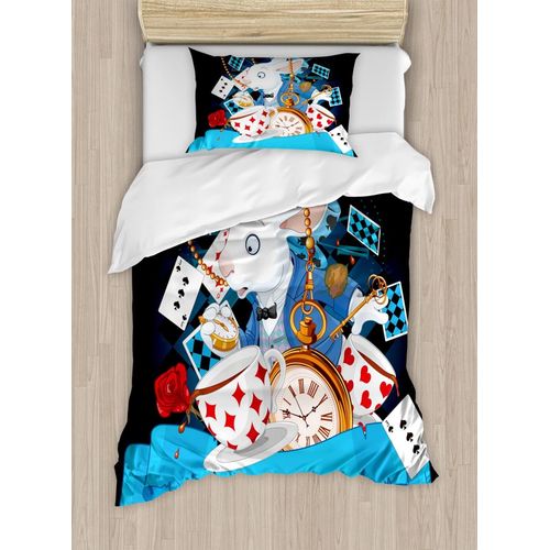 Alice Au Pays Des Merveilles Parure De Lit Avec Housses De Couette Et Taies D'oreiller, Motif Lapin, C?Urs Et Fleurs, Personnage Alice Au Pays Des Merveilles, Bleu Et Noir