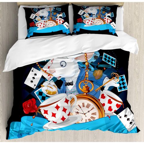 Alice Au Pays Des Merveilles Parure De Lit Avec Taies D'oreiller, Motif Lapin, C?Urs Et Fleurs, Personnage Alice Au Pays Des Merveilles, Style Dessin Animé, Parure De Lit Décorat
