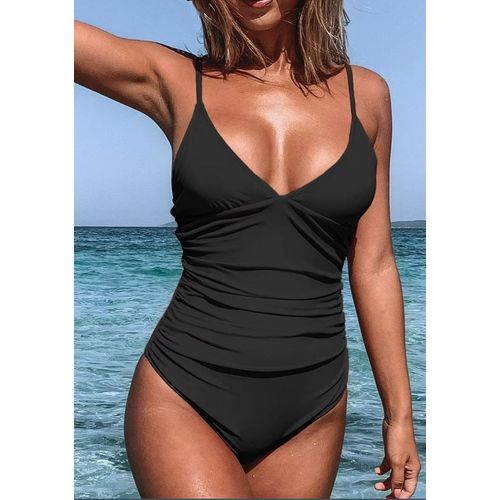 Maillot De Bain Une Pièce Pour Femme Col En V Profond Bretelles Spaghetti Réglables Maillot De Bain Froncé Devant Bas Du Dos