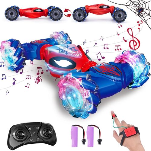 Hamiltion-Spider Voiture Telecommandé Tout Terrain, Rc Stunt Auto Avec La Main 2,4 Ghz 4Wd Offroad Rc Car Avec Musique Et Lumière, Cadeau Enfants 6 7 8 9 10+ Ans Bleu & Rouge