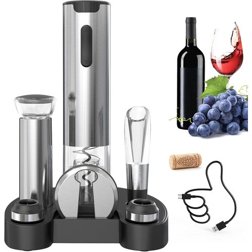 Hamiltion-Tire Bouchon Électrique Rechargeable 7 En 1 Coffret Cadeau Avec Base 2 En 1, Coupe-Capsule, Aérateur De Vin, Pompe À Vide Et 2 Bouchons De Vin, Incluse Câble Usb