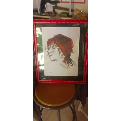 Dessin Crayon Et Fusain Sanguine Mylène Farmer 30/40cm Original Et Signé De L'Artiste Dom.