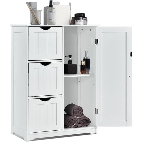 locke¿Meuble De Rangement Avec 3 Tiroirs Et 1 Armoire À Porte,Colonne De Salle De Bain Avec Étagère Réglable,Armoire D¿Appoint Avec Dispositif Anti-Basculement,60X30X81cm(Blanc)
