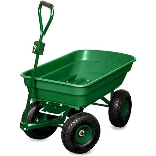 Chariot de Jardin 4 Roues 120 Kg - Benne Basculante 52 L avec Attelage Tracteur Tondeuse - Capacité Basculée 80 Kg
