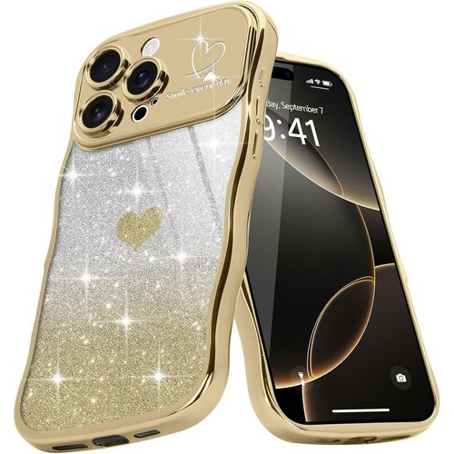 Ytseazn-Coque De Téléphone Bouclée Avec Motif C?ur Mignon Pour Iphone 16 Pro Max,Cadre Ondulé À Paillettes Pour Filles Et Femmes,Résistante Aux Chocs,En Tpu Souple Pour Iphone 16 Pro Max,Doré