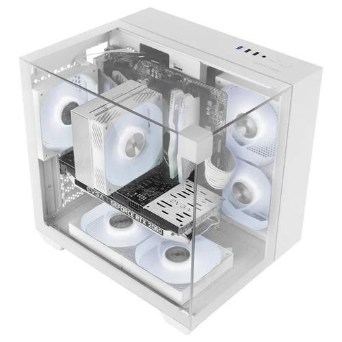Mars Gaming MC-VISIONM, Boîtier Gaming MicroATX Compact, Triple Verre Trempé, Refroidissement Liquide 240mm, Blanc
