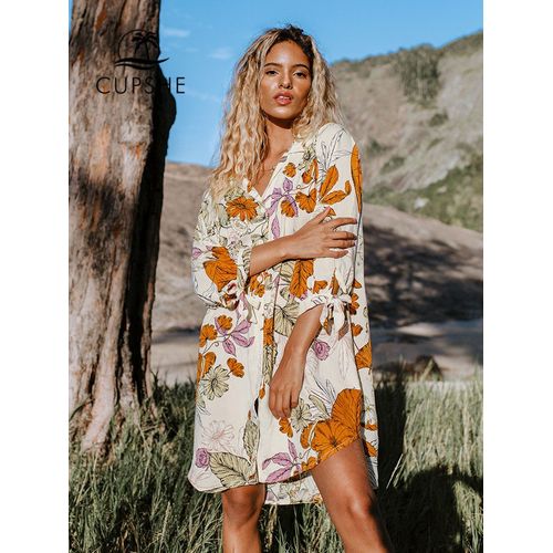Cupshe Floral Boutonné Bikini Chemise Couvrir Pour Femme Ample Vacances En Mousseline De Soie Plage Tunique Robe 2023 Été Robe Mi-Longue Vêtements De Plage