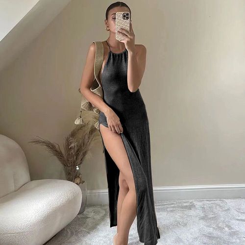 2025 Tricoté Couvrir Plage Sexy Voir À Travers Maxi Fente Moulante Robe D'été Bikinis Cache-Maillot Élégant Licou Robe De Plage