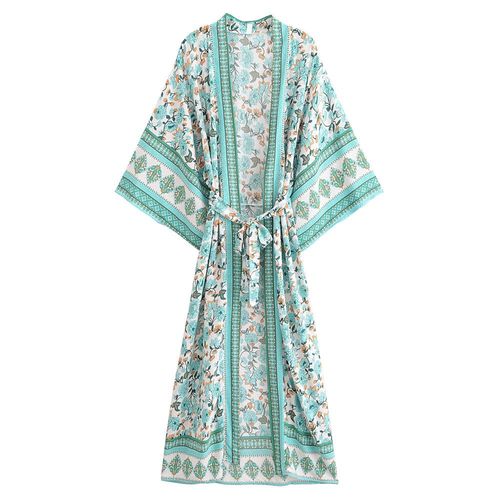 Robe Maxi À Imprimé Floral Jaune Pour Femme,Kimono,Col En V,Manches Chauve-Souris,Style Bohème