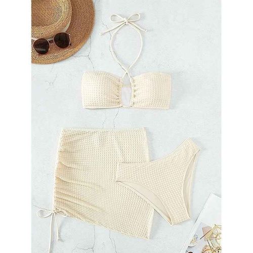 3 Pièces Bikini Costume Couleur Beige Sexy Col Suspendu Maillots De Bain Femme Côté Tirage Corde Jupe Femmes Costume De Plage