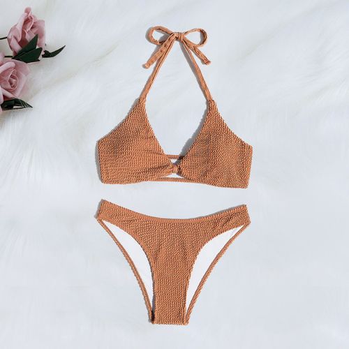 Ensemble Bikini Femme Couleur Unie Marron 2 Pièces Maillot De Bain Sexy Col En V Licou Dos Nu Maillot De Bain Plage Vacances Maillots De Bain 2025