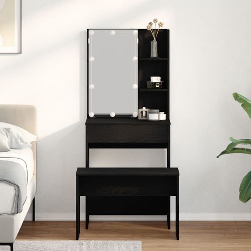 Ensemble De Table De Maquillage Vidaxl Avec Led Bois D'ingénierie Chêne Noir, Table De Maquillage Led Vidaxl En Chêne Noir, 60x40x140 Cm, En Bois D'ingénierie, Tabouret De Maquillage Vidaxl Chêne Noir 70x35x45 Cm Bois D'ingénierie