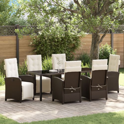 Ensemble De Salle À Manger De Jardin 7 Pièces Avec Coussins En Rotin Marron, Table De Jardin Vidaxl Noire 200x80x73 Cm En Verre Trempé