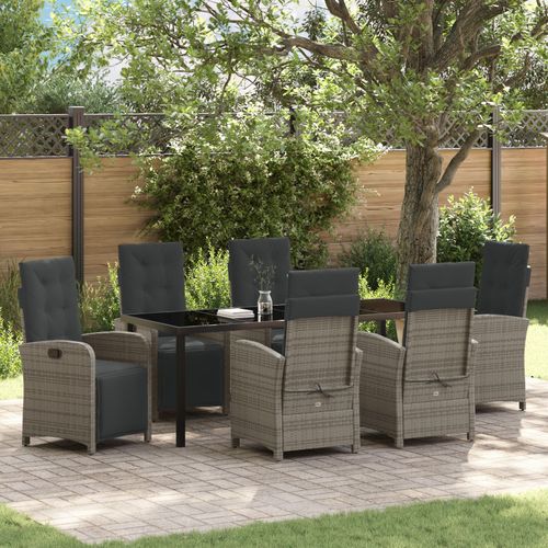 Ensemble Repas Jardin 7 Pièces Vidaxl Avec Coussins En Rotin Gris, Table Jardin Vidaxl Noire 200x80x73 Cm En Verre Trempé