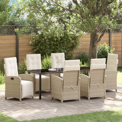 Ensemble De Salle À Manger De Jardin 7 Pièces Avec Coussins Beige En Rotin, Table De Jardin Vidaxl Noire 200x80x73 Cm Verre Trempé