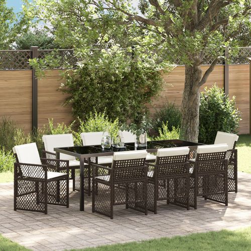 Ensemble De Salle À Manger De Jardin 9 Pièces Avec Coussins En Rotin Brun Vidaxl, Table De Jardin Vidaxl Noir 200x80x73 Cm Verre Trempé