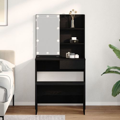 Ensemble De Coiffeuse Vidaxl Avec Led En Chêne Noir Et Bois D'ingénierie, Coiffeuse Led Vidaxl En Chêne Noir - 74.5x40x141 Cm, En Bois D'ingénierie, Tabouret De Coiffeuse Vidaxl Chêne Noir 70x35x45 Cm En Bois D'ingénierie