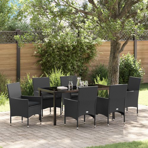 Ensemble De Salle À Manger De Jardin 7 Pièces Vidaxl Avec Coussins En Rotin Noir, Table De Jardin Vidaxl Noire 160x80x73 Cm En Verre Trempé