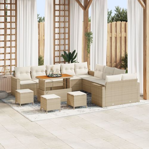Set De Sofa De Jardin Vidaxl 14 Pièces Avec Coussins Beige Poly Rattan Acacia, Set De Salle À Manger De Jardin Vidaxl 4 Pièces Avec Coussins Beige Poly Rattan Acacia